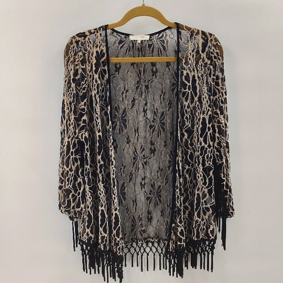 Anthropologie Ryu Black Lace Mesh Open Kimono Cardigan Size Medium w Fringe - Picture 1 of 8